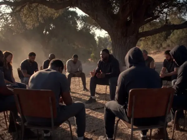 A circle of athletes and their partners under an oak at golden hour