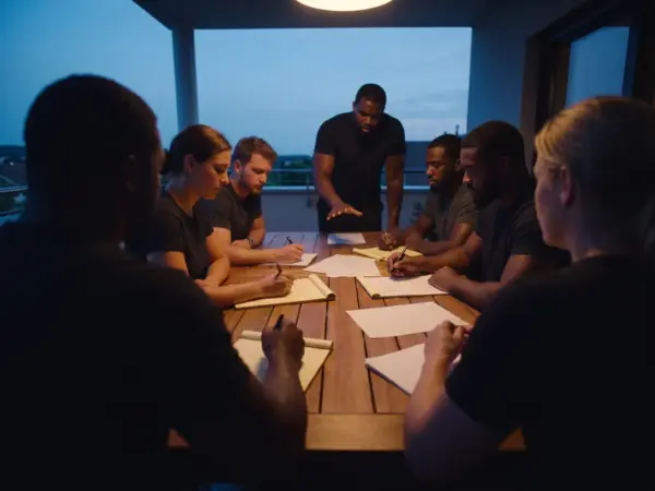 A working session around a table at dusk